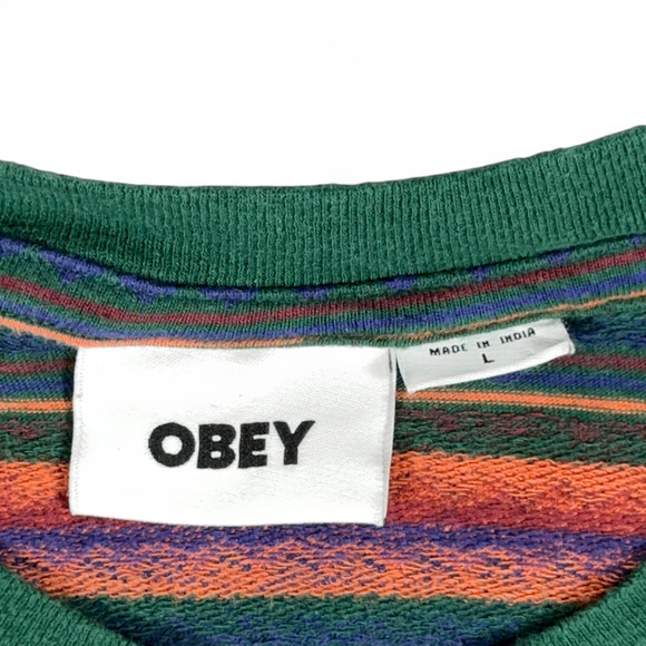 Obey Shirt Adult LARGE Green Striped Geometric Ringer Skate Streetwear Colorful - Picture 4 of 9